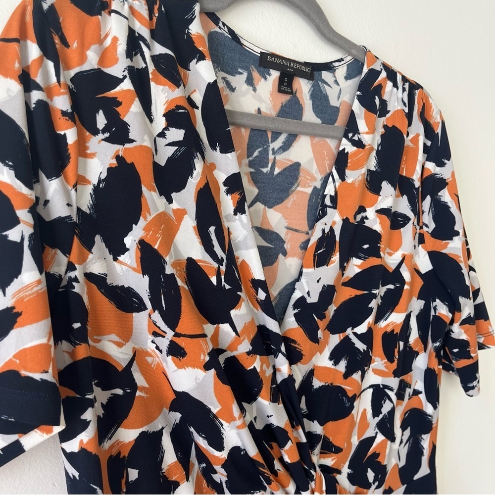 Banana Republic Wrap Front Dress Size Small, Navy Orange Abstract Print Stretch - Picture 7 of 12